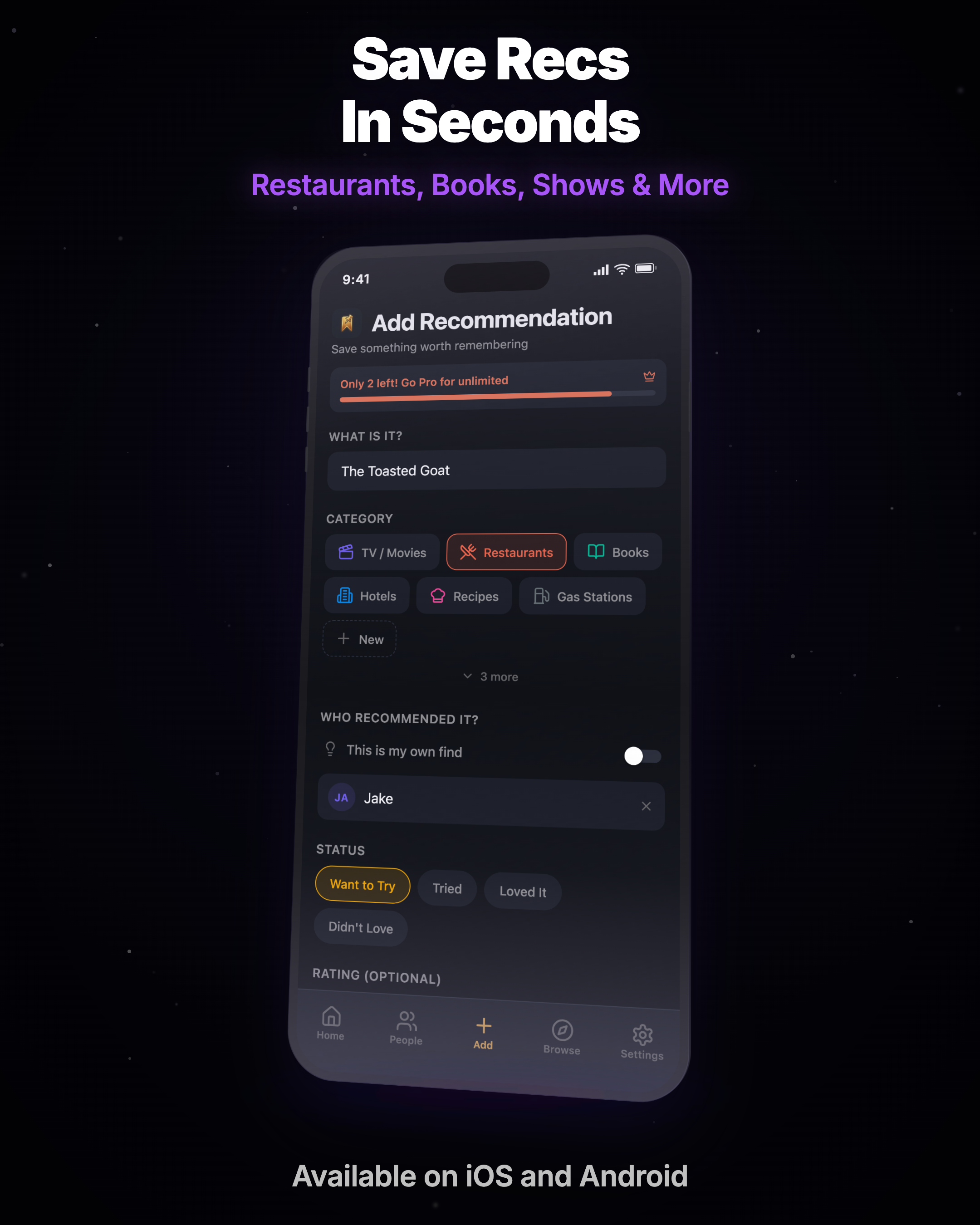 RecKeeper add recommendation screen with categories and custom categories