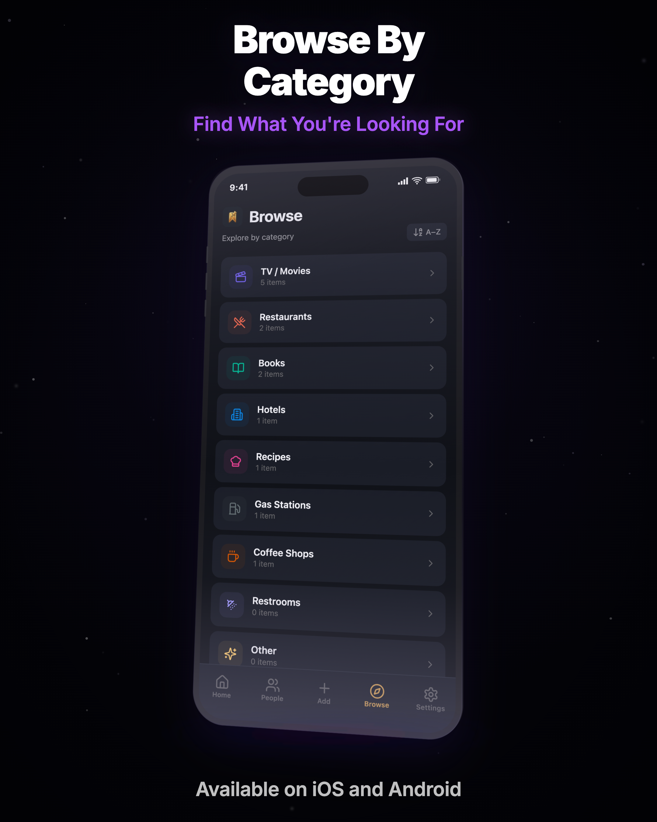 RecKeeper browse screen showing recommendations organized by category